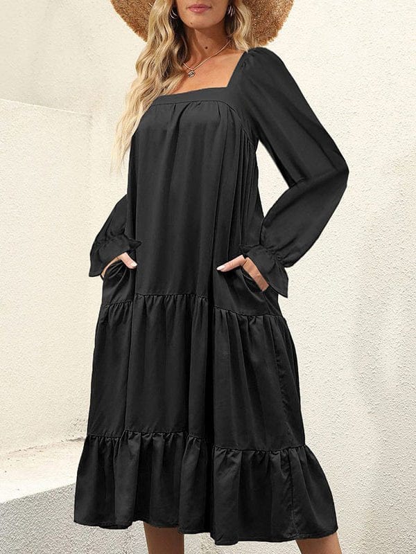 Elegant Square Neck Ruffle Midi Dress DRE2301060004BLAS Black / 2 (S)
