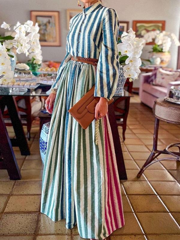 Elegant Stand-up Collar Striped Long Dress - LuckyFash™