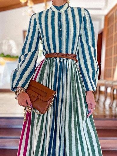 Elegant Stand-up Collar Striped Long Dress - LuckyFash™