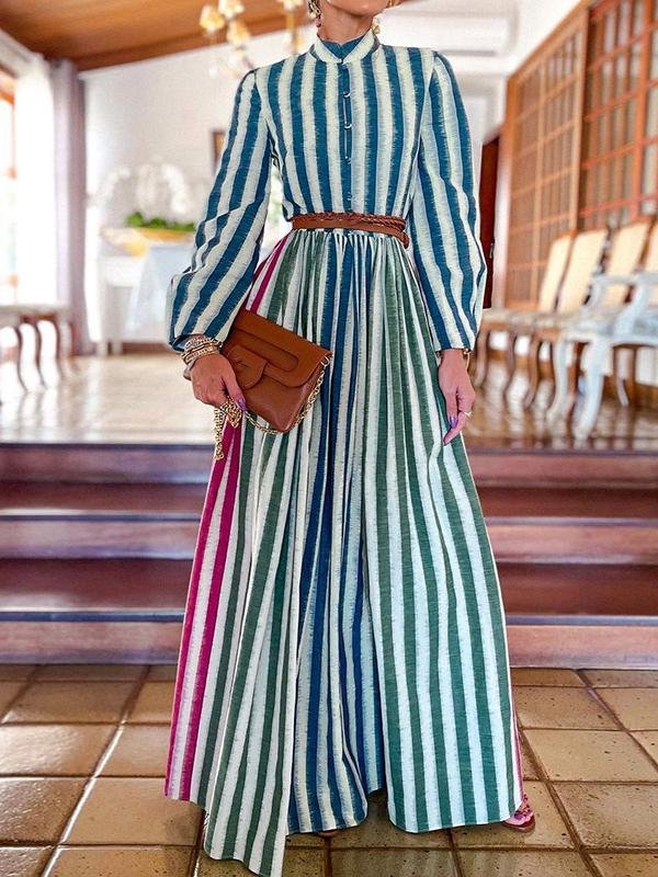 Elegant Stand-up Collar Striped Long Dress - LuckyFash™