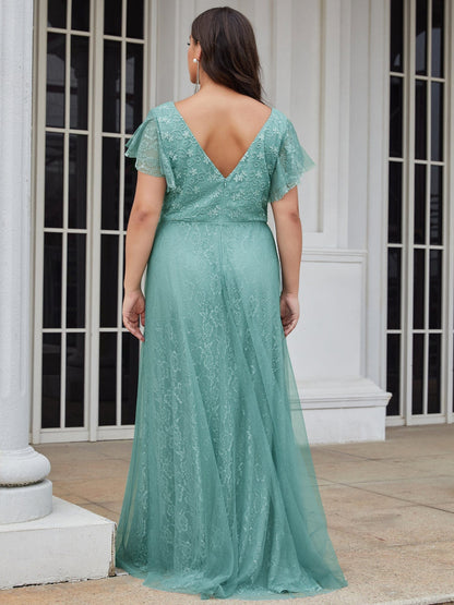 Elegant V-Neck Floor Length Gown with Ruffle Sleeves