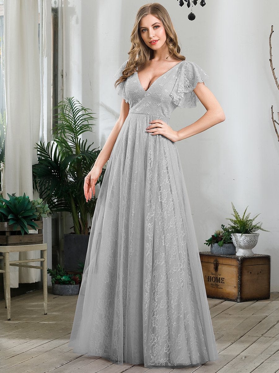 Elegant V-Neck Floor Length Gown with Ruffle Sleeves