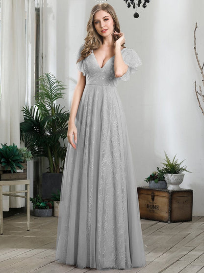 Elegant V-Neck Floor Length Gown with Ruffle Sleeves