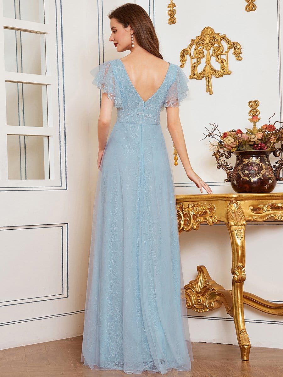 Elegant V-Neck Floor Length Gown with Ruffle Sleeves