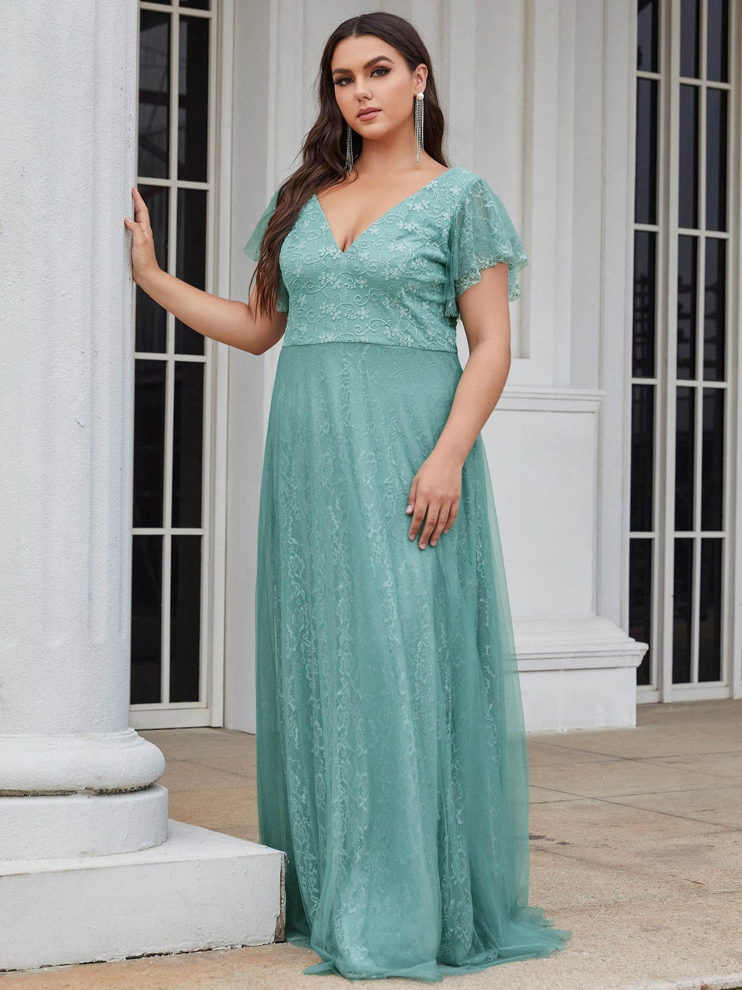 Elegant V-Neck Floor Length Gown with Ruffle Sleeves