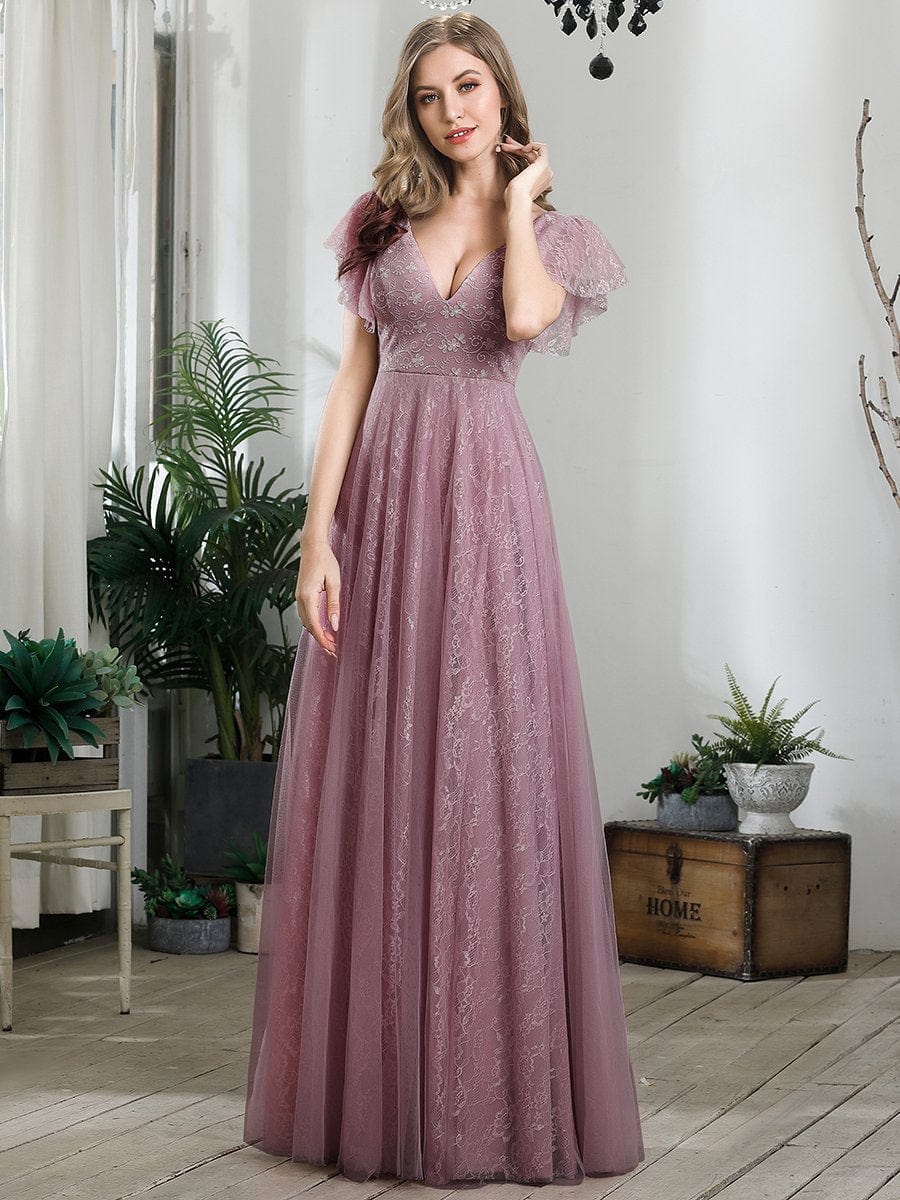 Elegant V-Neck Floor Length Gown with Ruffle Sleeves