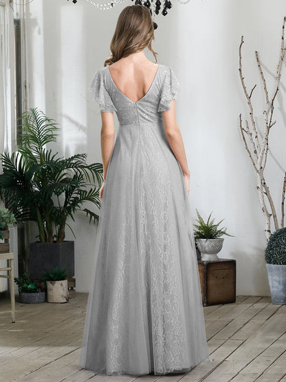 Elegant V-Neck Floor Length Gown with Ruffle Sleeves