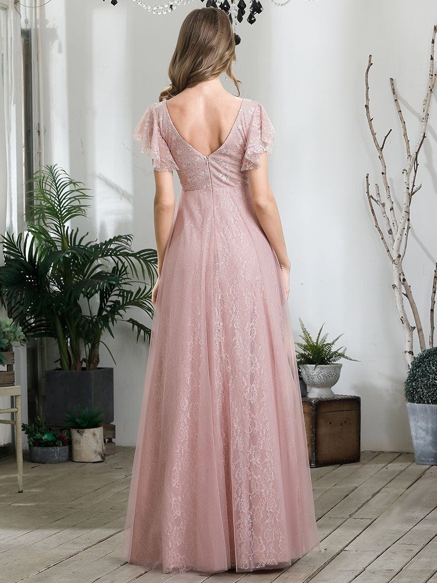 Elegant V-Neck Floor Length Gown with Ruffle Sleeves