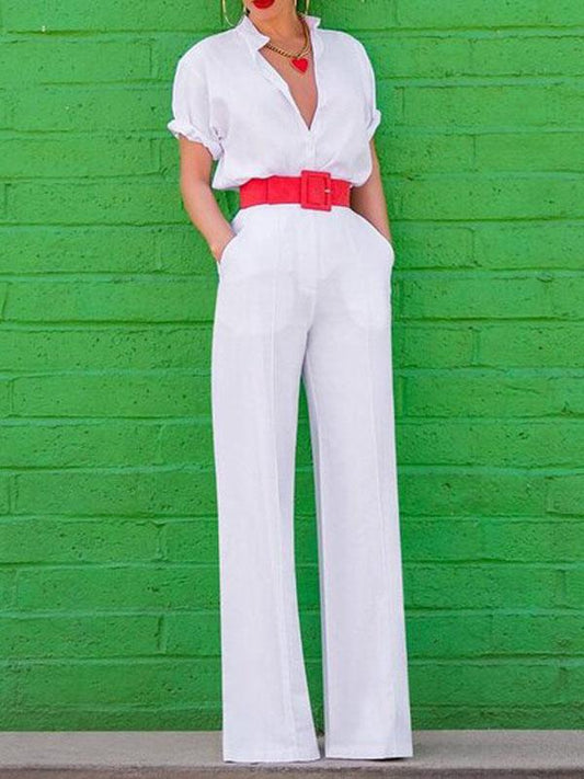 Elegant V-neck Short-sleeved Solid Jumpsuit for Women