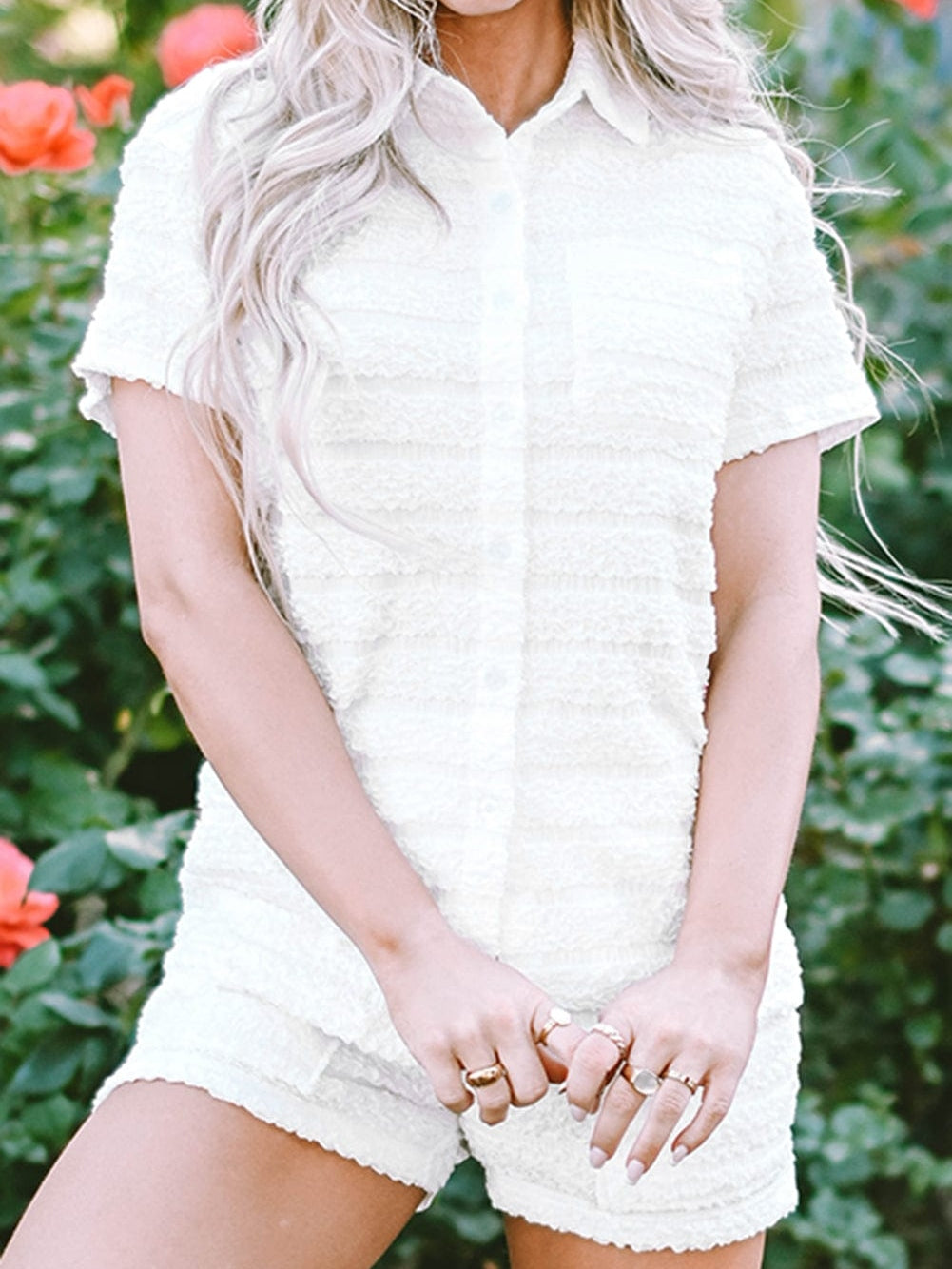 Elegant White Striped Short Sleeve Shirt and Shorts Ensemble