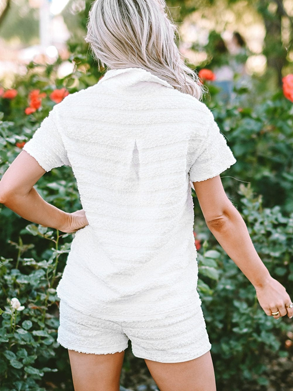 Elegant White Striped Short Sleeve Shirt and Shorts Ensemble