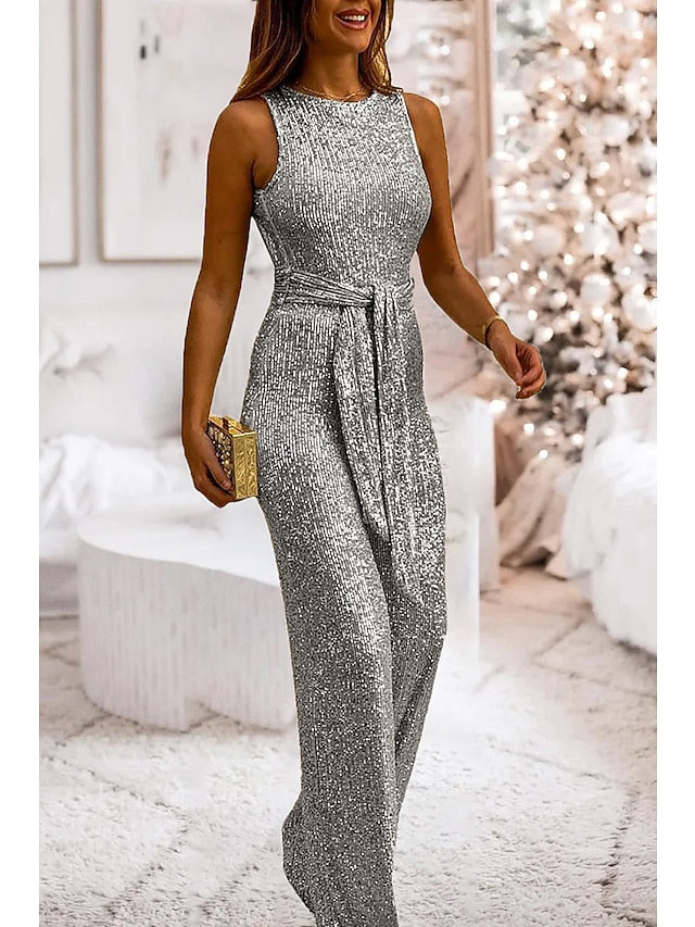 Women's Jumpsuit Backless Sequin Solid Color Crew Neck Elegant Party Prom Regular Fit Sleeveless Black Pink Wine S M L Summer - LuckyFash™