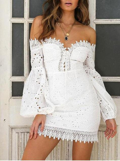 Embroidered Lace One-shoulder Puff Sleeved Mini Dress for Women