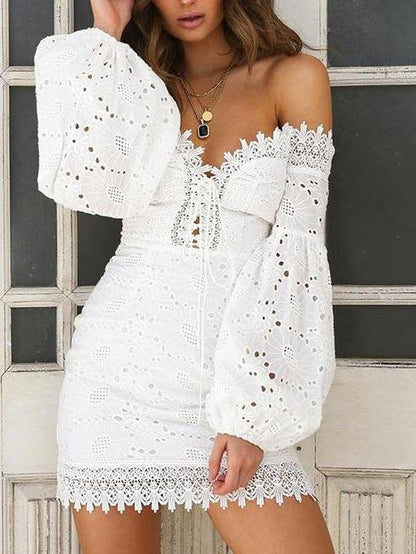 Embroidered Lace One-shoulder Puff Sleeved Mini Dress - LuckyFash™