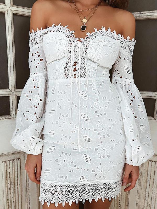 Embroidered Lace One-shoulder Puff Sleeved Mini Dress - LuckyFash™