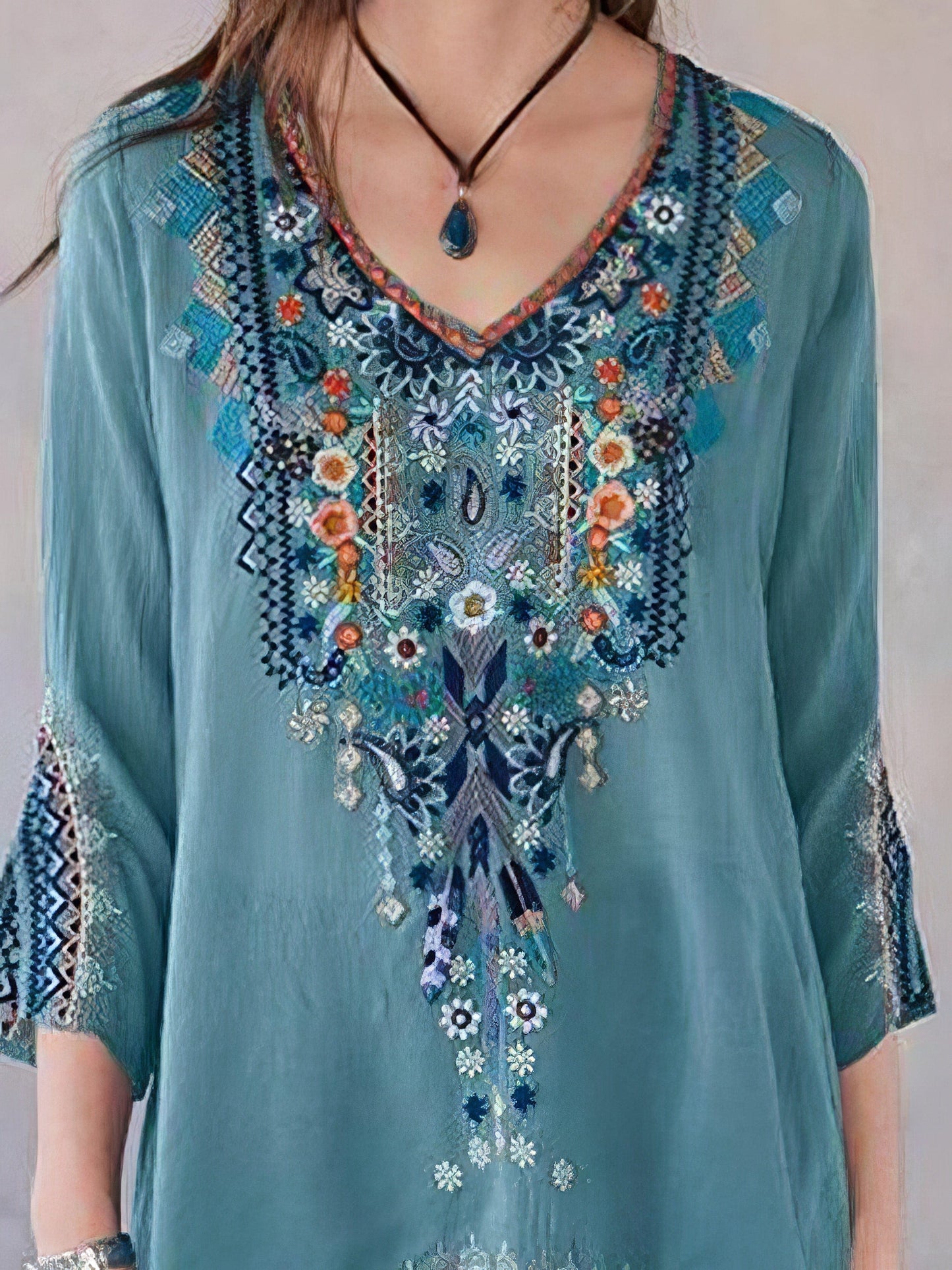 Embroidery Print 3/4 Sleeve V-neck Shirt