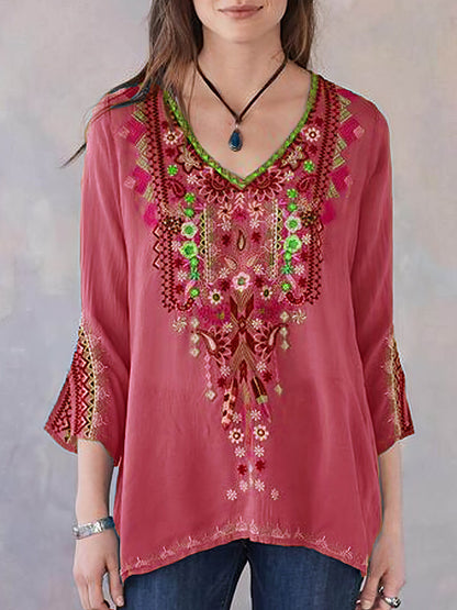 Embroidery Print 3/4 Sleeve V-neck Shirt