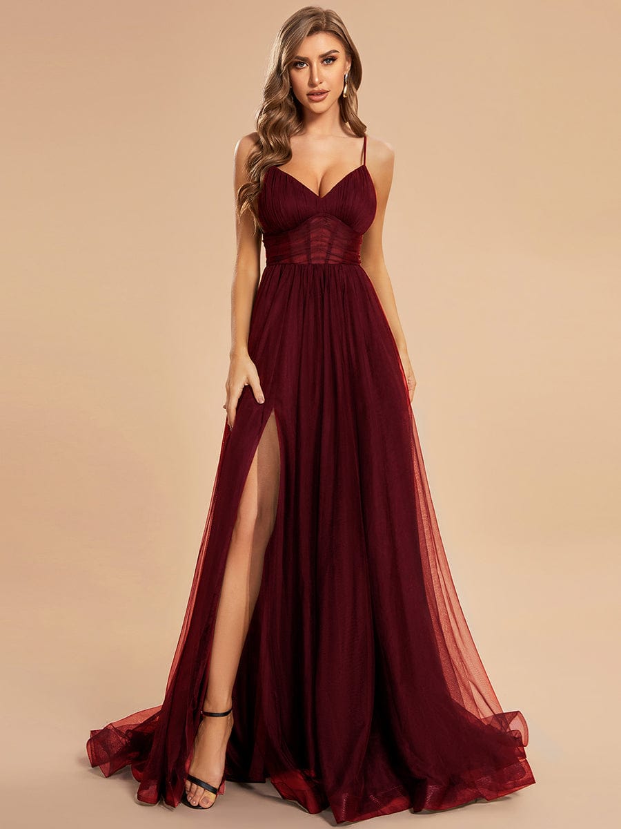 Ethereal Charm Spaghetti Strap High Split Tulle Evening Gown - Wholesale Option