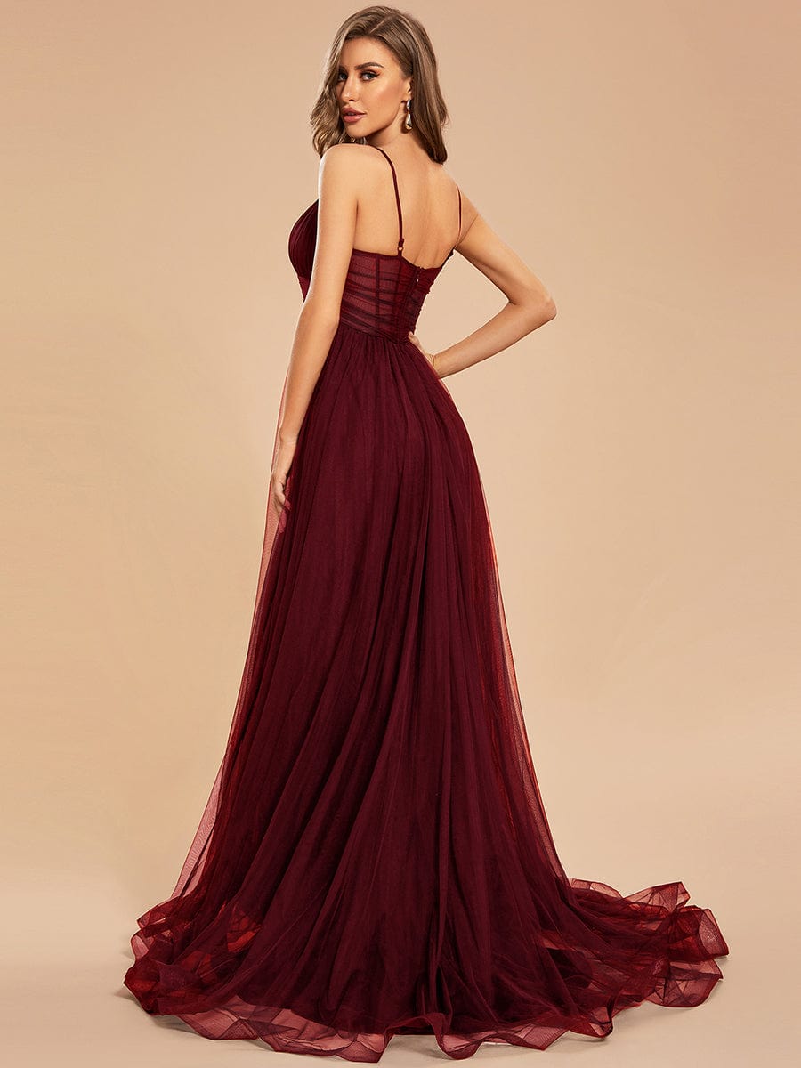 Ethereal Charm Spaghetti Strap High Split Tulle Evening Gown - Wholesale Option