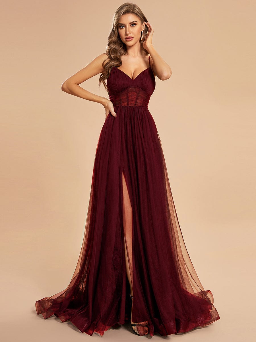 Ethereal Charm Spaghetti Strap High Split Tulle Evening Gown - Wholesale Option