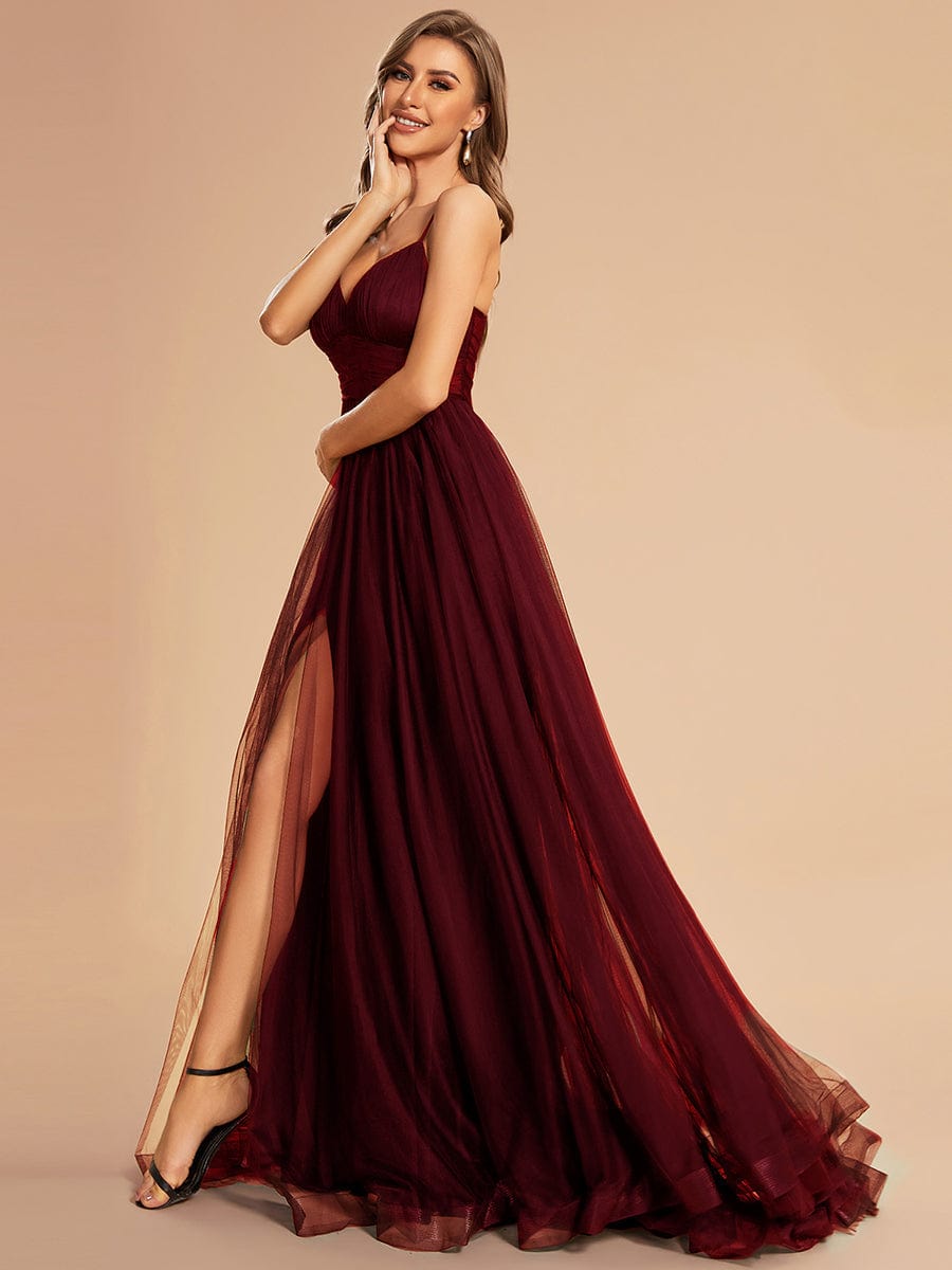 Ethereal Charm Spaghetti Strap High Split Tulle Evening Gown - Wholesale Option