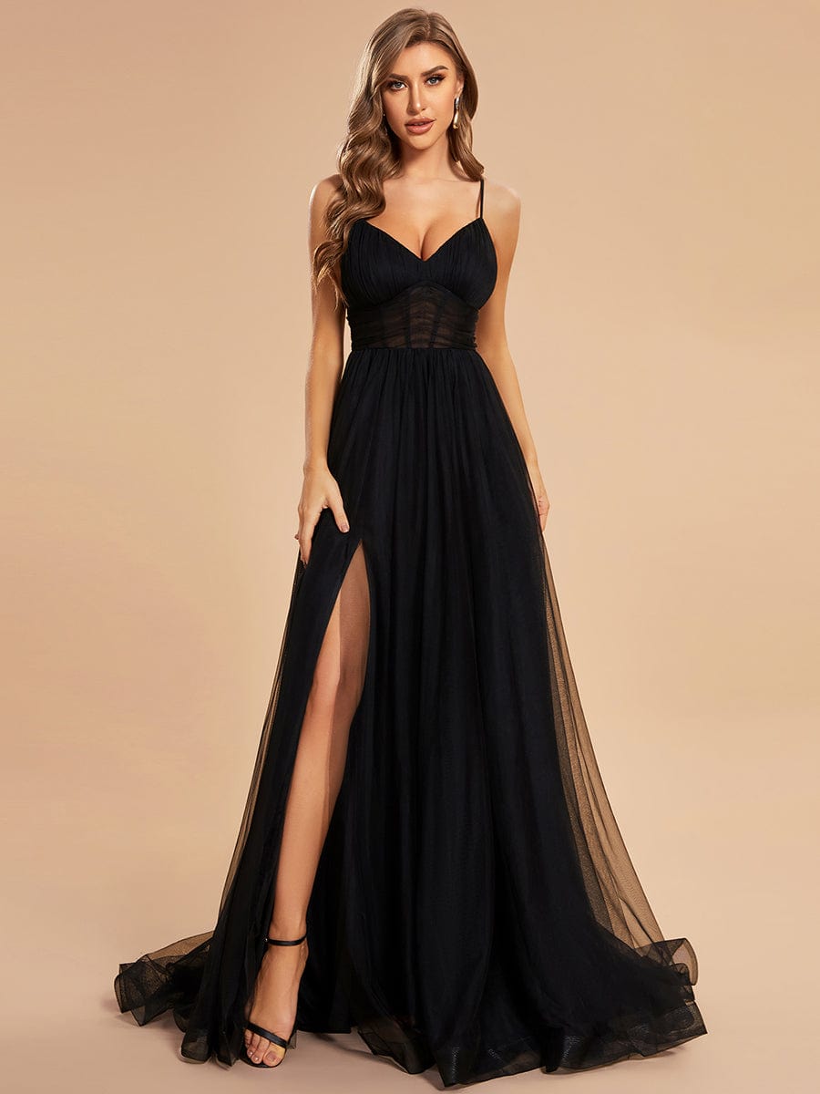 Ethereal Charm Spaghetti Strap High Split Tulle Evening Gown - Wholesale Option