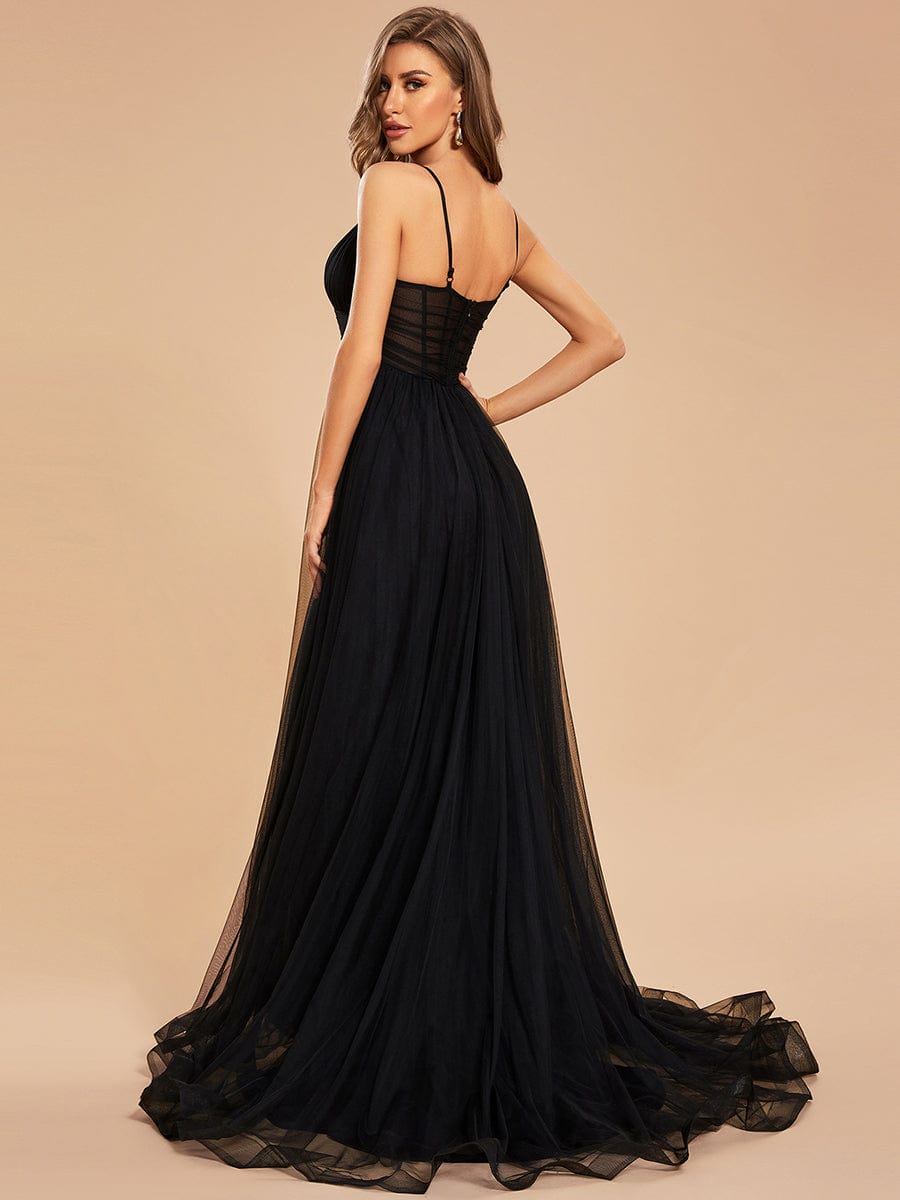 Ethereal Charm Spaghetti Strap High Split Tulle Evening Gown - Wholesale Option