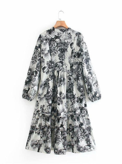 Ethnic Shirt Sleeve Printed Waist A-line Midi Dress - LuckyFash™