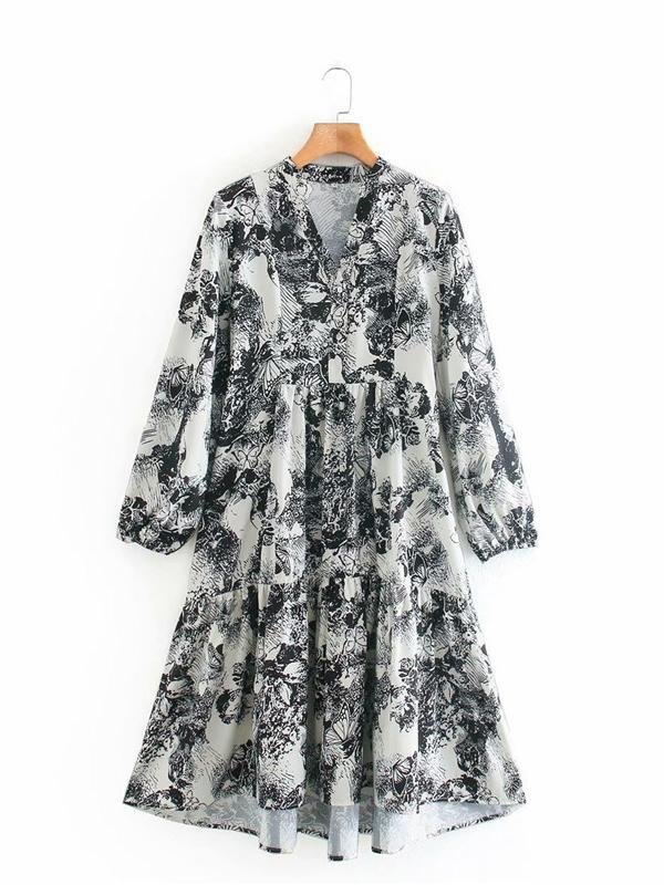 Ethnic Shirt Sleeve Printed Waist A-line Midi Dress - LuckyFash™