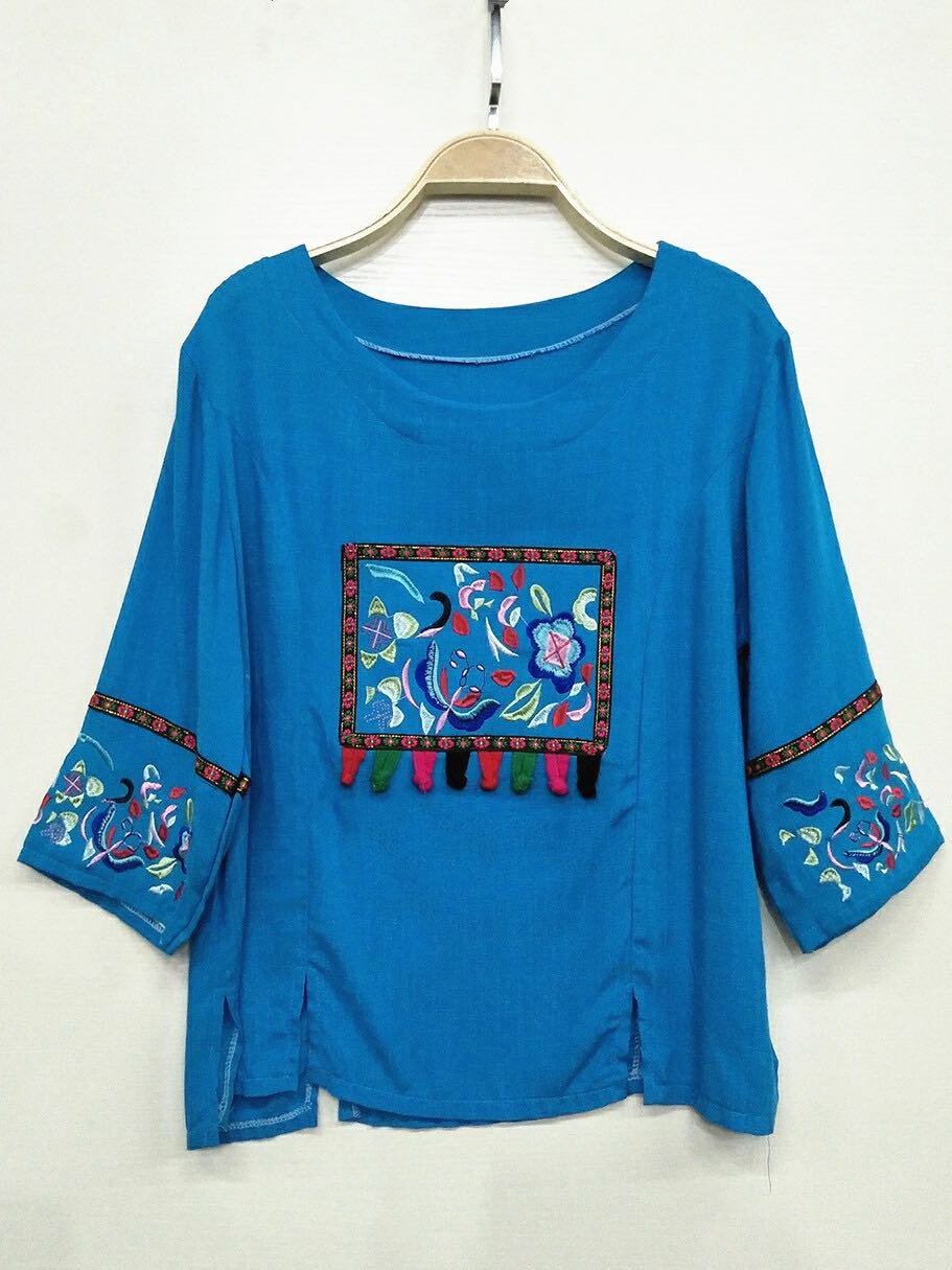 Ethnic Style Floral Pattern Loose Tee for Women