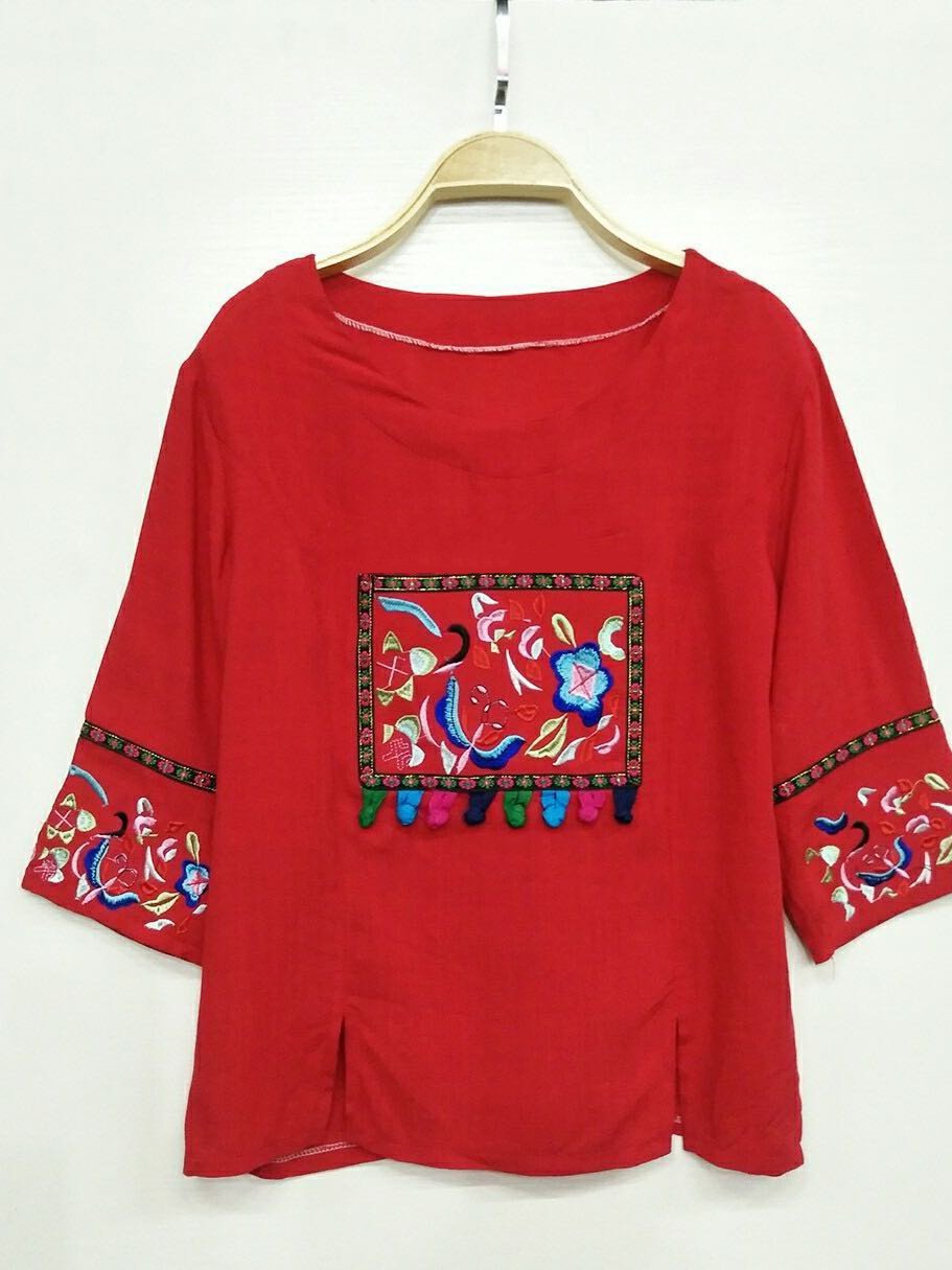 Ethnic Style Floral Pattern Loose Tee for Women