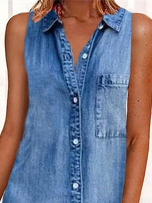 Women's Casual Dress Denim Shirt Dress Mini Dress Denim Modern Casual Outdoor Daily Shirt Collar Button Pocket Sleeveless Summer Spring 2023 Regular Fit Blue Plain S M L XL 2XL - LuckyFash™