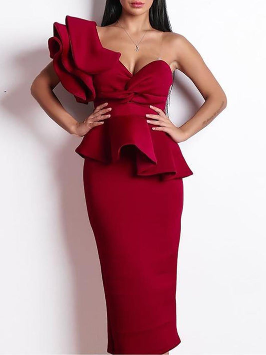Exaggerated Ruffle One Shoulder Peplum Pencil Dress DRE210226269REDS S / Red