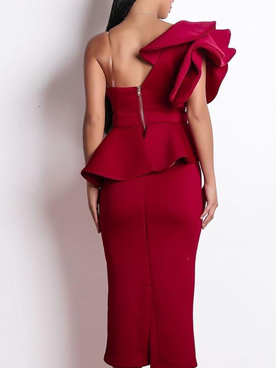 Exaggerated Ruffle One Shoulder Peplum Pencil Dress - LuckyFash™