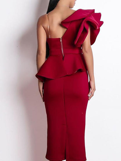 Exaggerated Ruffle One Shoulder Peplum Pencil Dress - LuckyFash™