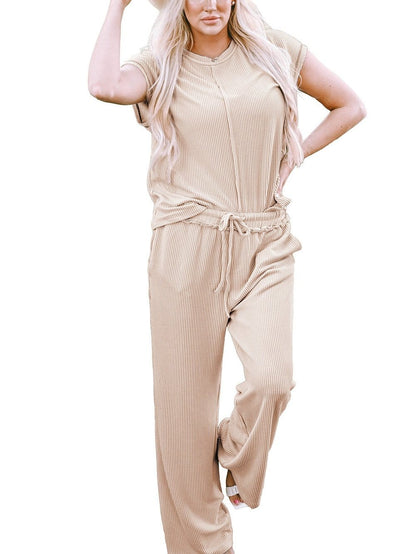 Exposed Seam Ribbed Casual Tee and Drawstring Pants Set