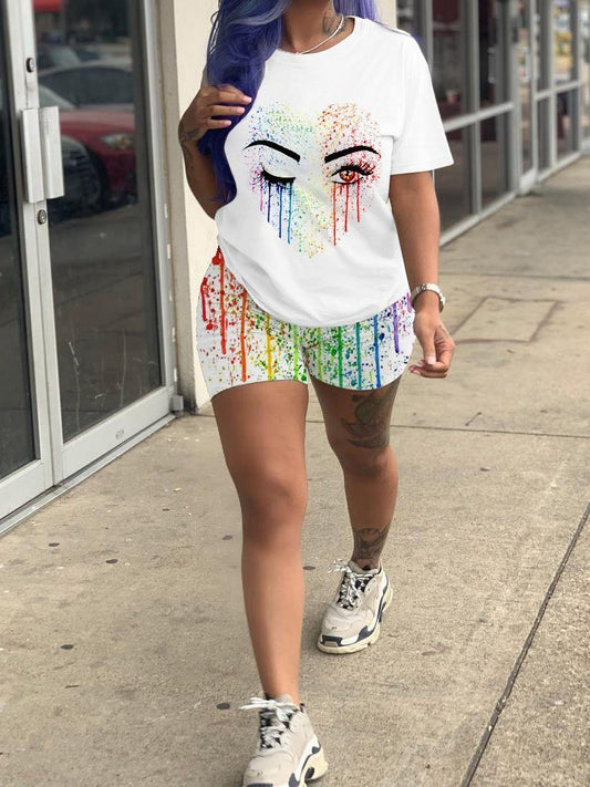 Eye Graffiti Tie-Dye Two-piece Shorts Set for Women