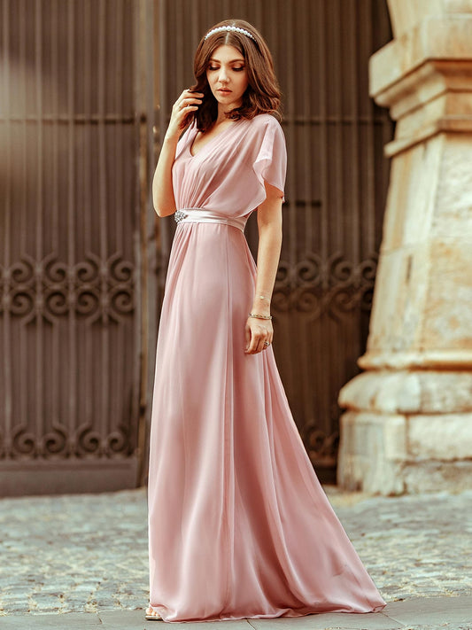  - Maxi Long Flowy Chiffon Wholesale Evening Dress with Short Sleeve - MsDressly