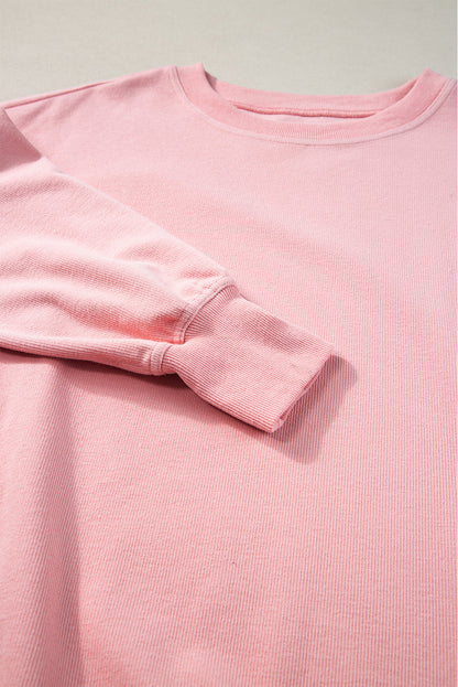 Pink Loose Drop Shoulder Ribbed Sweatshirt