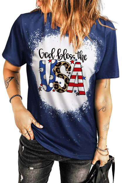 Blue God Bless the USA Print Tie Dye T-Shirt