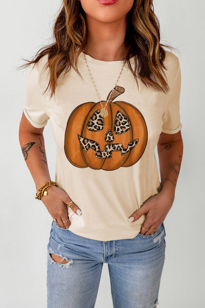 Khaki Halloween Leopard Pumpkin Print T Shirt