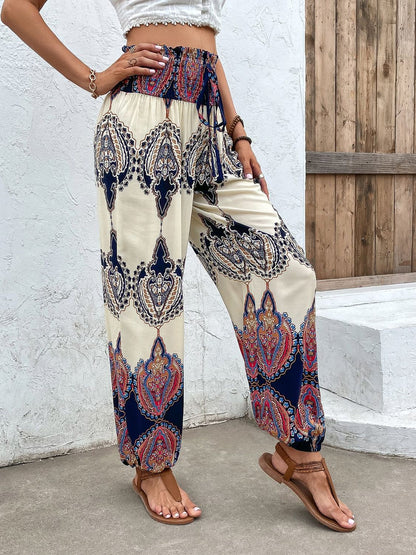 Printed Smocked High Waist Pants