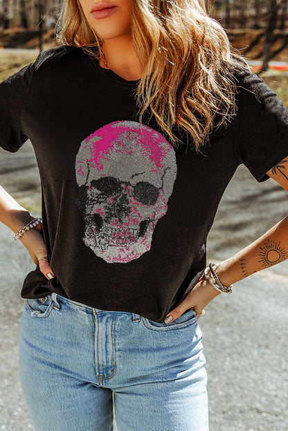 Black Rhinestone Skull Graphic Crewneck T Shirt