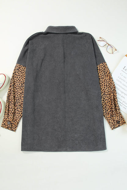 Gray Color Block Leopard Patched Corduroy Shacket