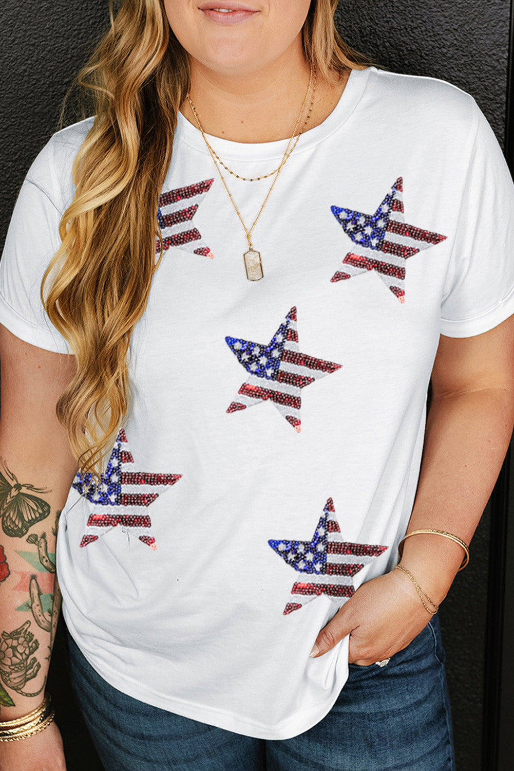 White Sequin American Flag Star Pattern Plus Size Tee