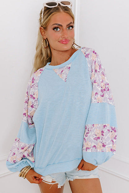 Beau Blue Textured Floral Patchwork Balloon Sleeve Blouse