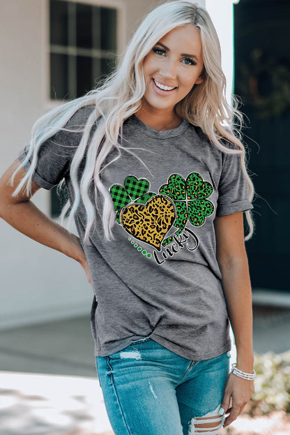 Gray Leopard Plaid Heart Clover Graphic T Shirt