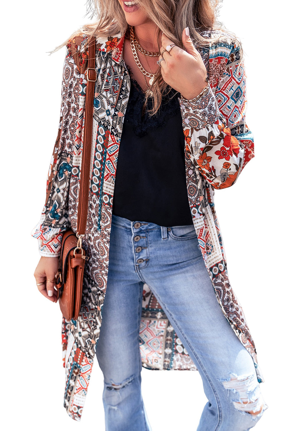 Multicolour Boho Mix Print Long Kimono