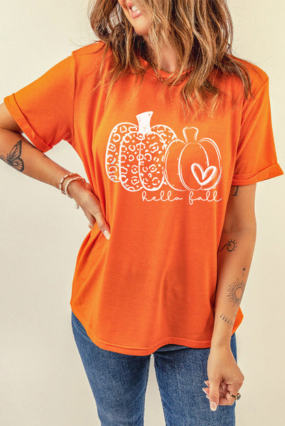 Orange Pumpkin Graphic Crew Neck T-shirt