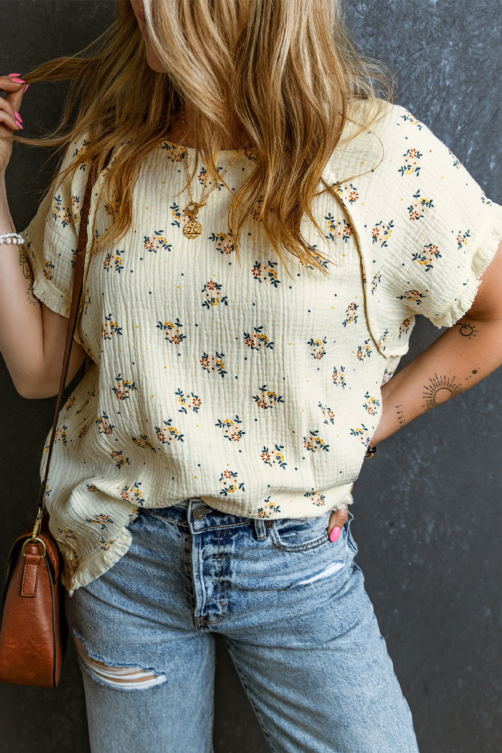 Beige Floral Detail Fringe Trimming Textured Top